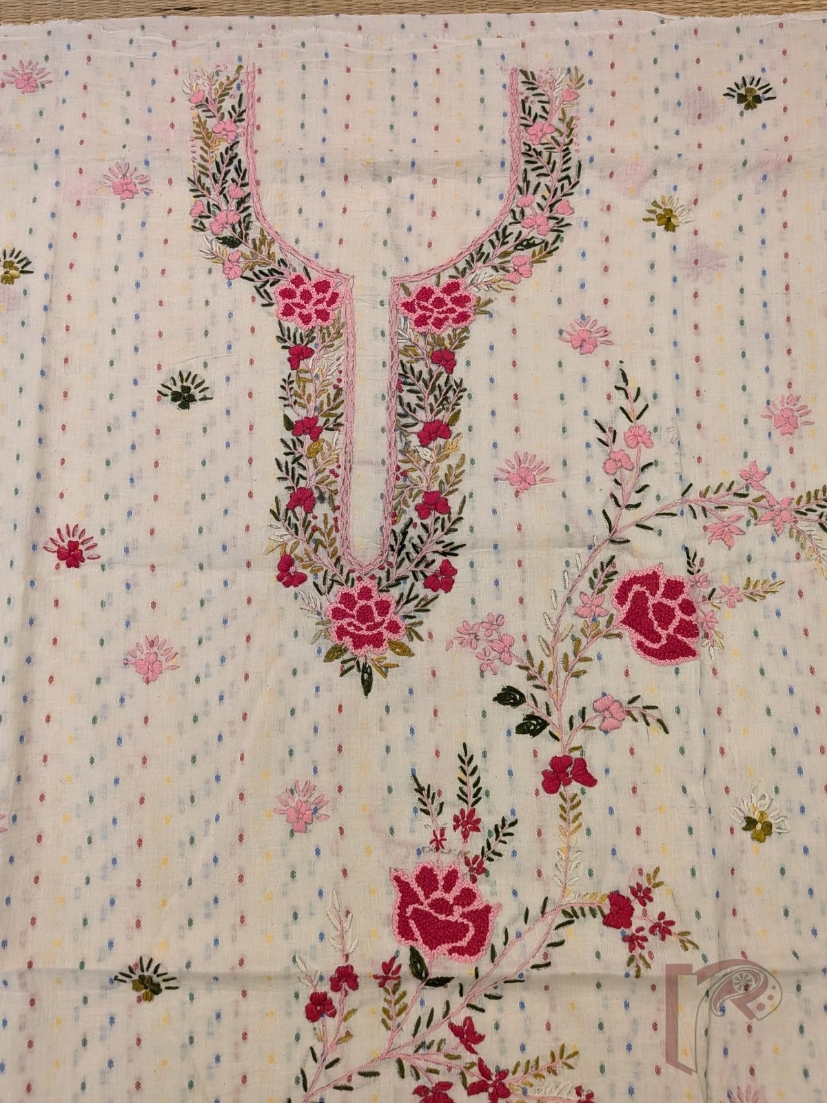 Suit stories - White Cotton Woven Booti Suit Set with Dark Pink French Knot Floral Embroidery - Image 7