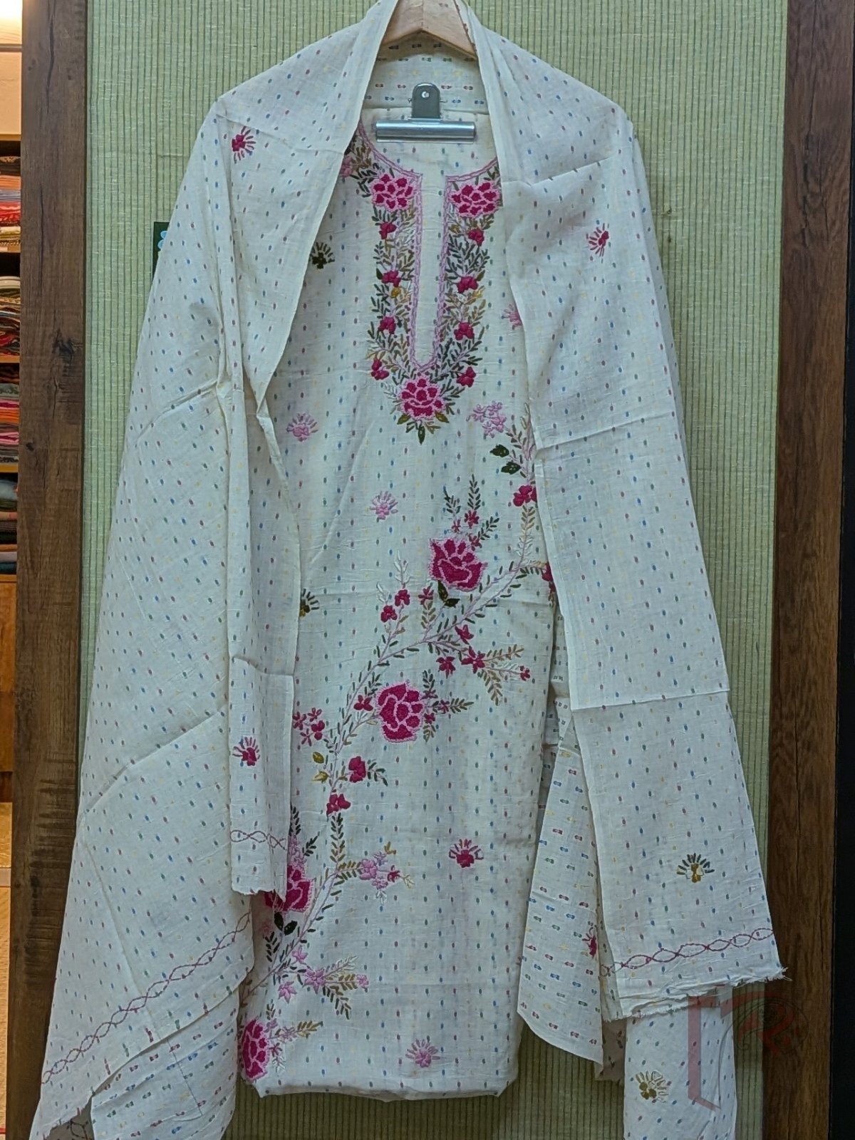 Suit stories - White Cotton Woven Booti Suit Set with Dark Pink French Knot Floral Embroidery