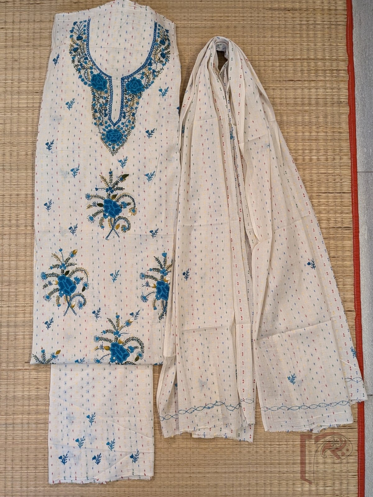 Suit stories - White Cotton Woven Booti Suit Set with Teal Blue French Knot Floral Embroidery - Image 2