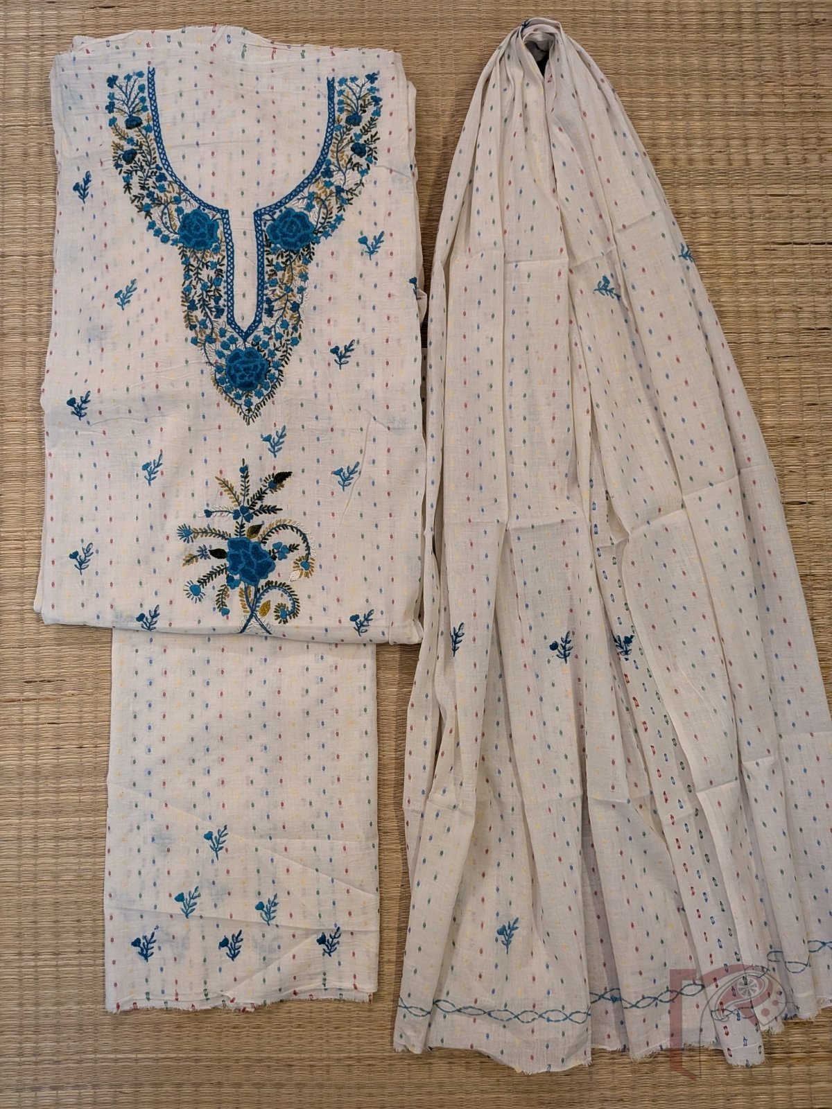 Suit stories - White Cotton Woven Booti Suit Set with Teal Blue French Knot Floral Embroidery - Image 3