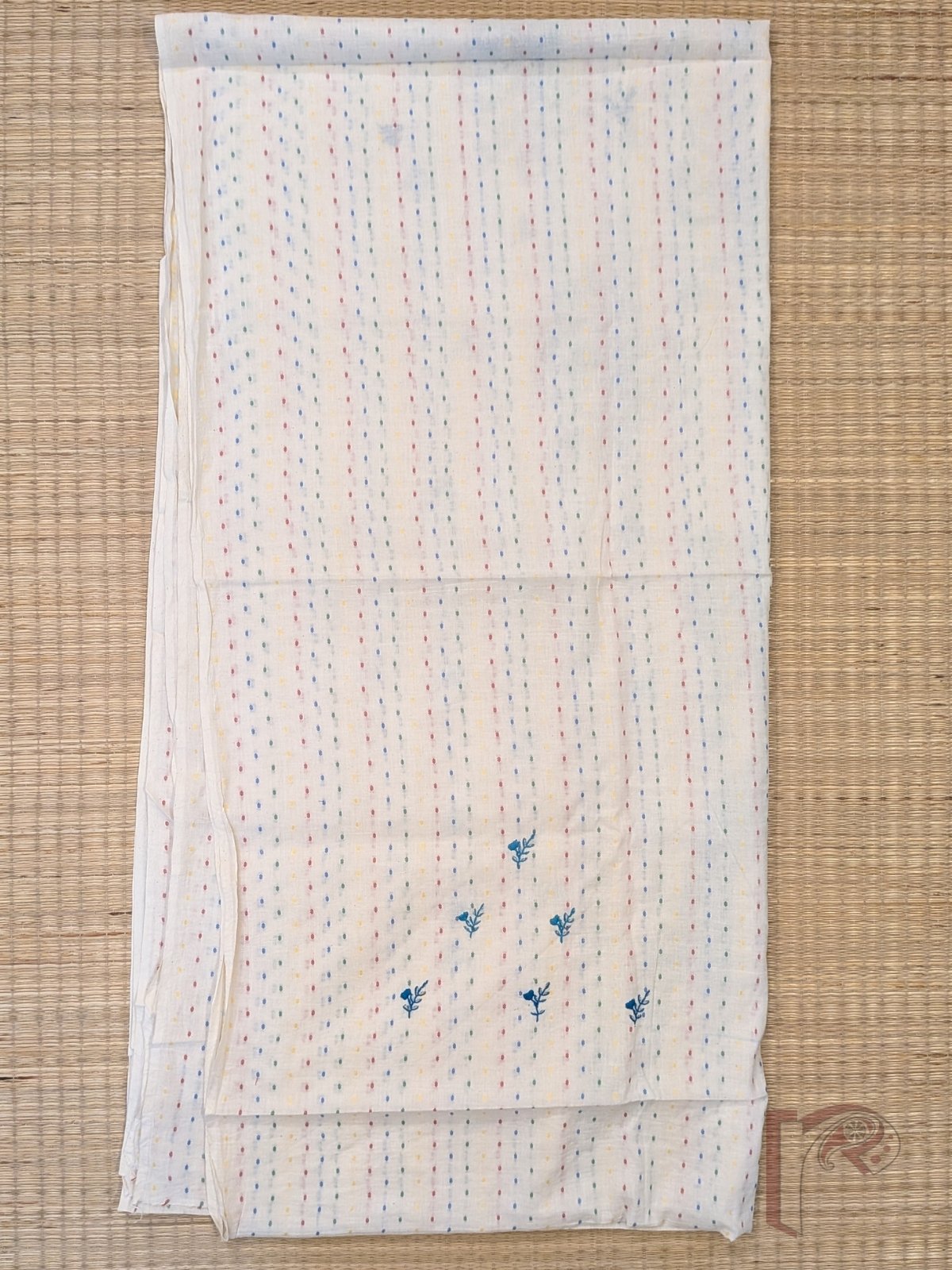 Suit stories - White Cotton Woven Booti Suit Set with Teal Blue French Knot Floral Embroidery - Image 5
