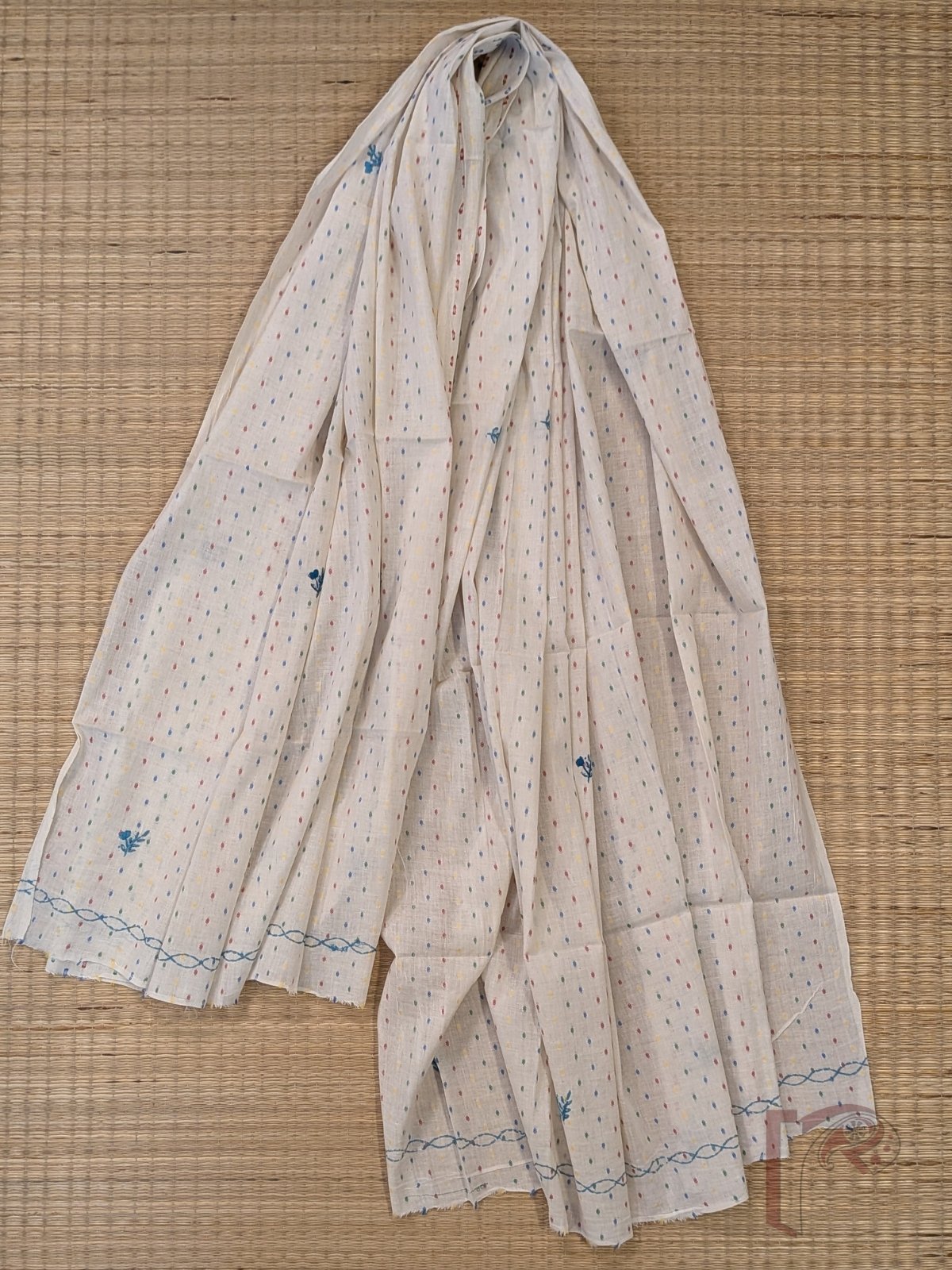Suit stories - White Cotton Woven Booti Suit Set with Teal Blue French Knot Floral Embroidery - Image 6