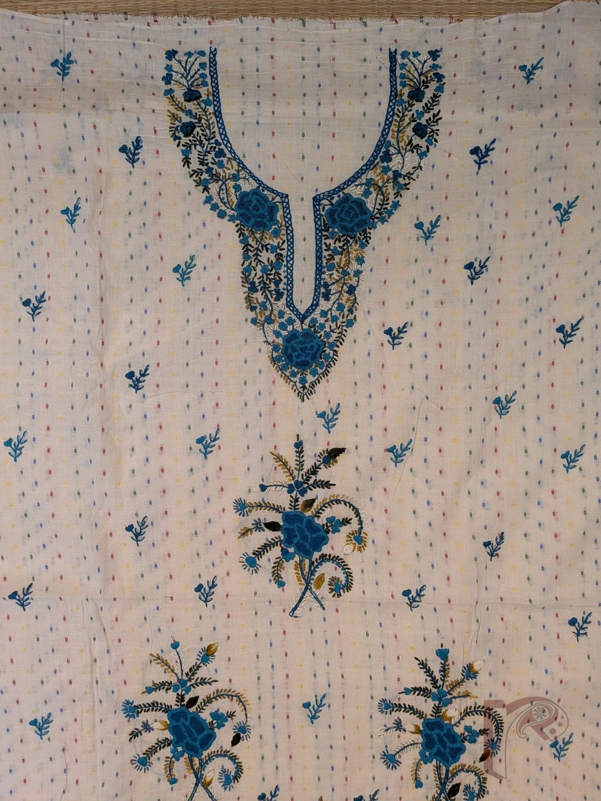 Suit stories - White Cotton Woven Booti Suit Set with Teal Blue French Knot Floral Embroidery - Image 7