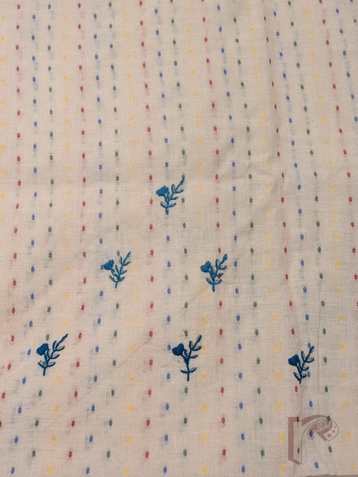 Suit stories - White Cotton Woven Booti Suit Set with Teal Blue French Knot Floral Embroidery - Image 8