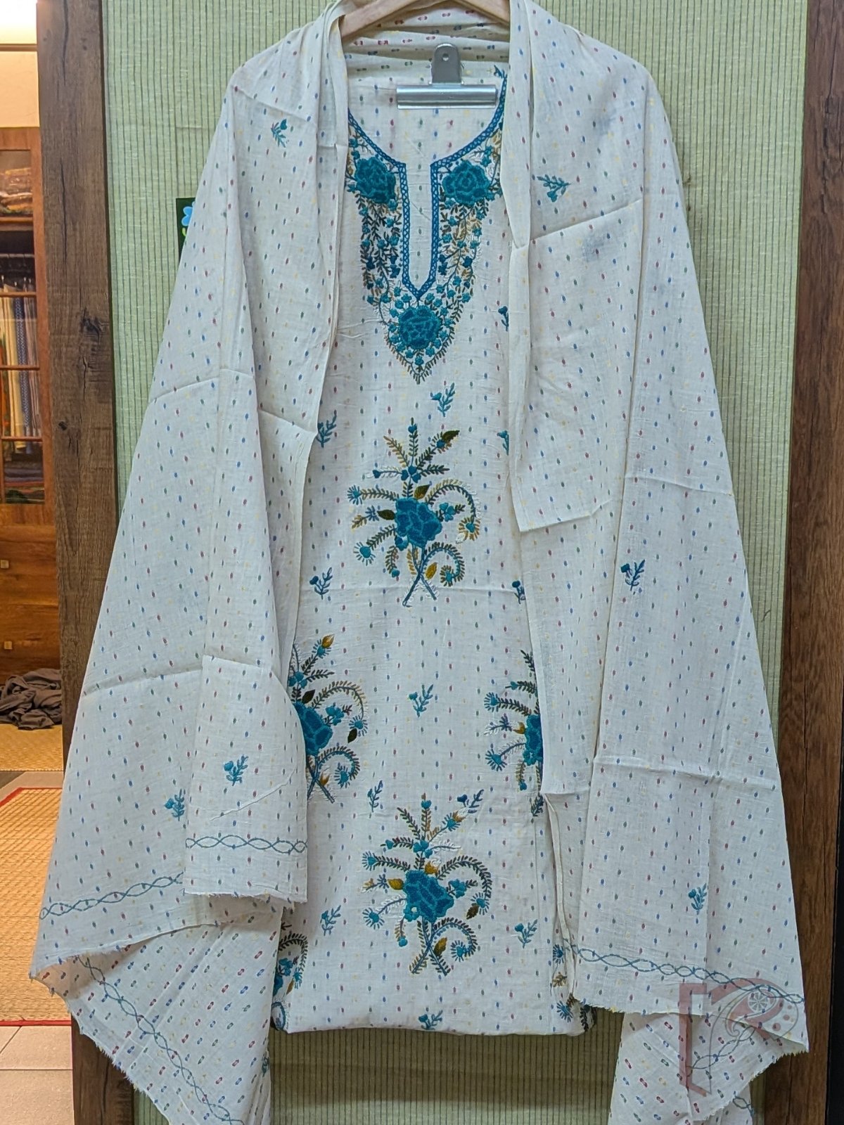 Suit stories - White Cotton Woven Booti Suit Set with Teal Blue French Knot Floral Embroidery