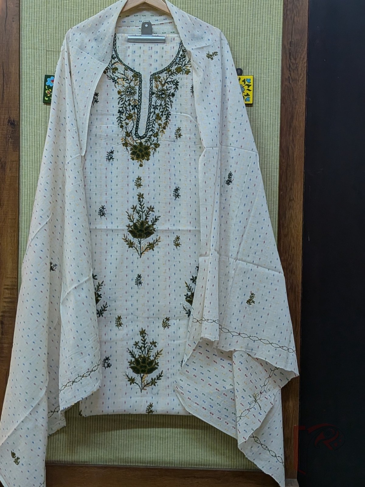 Suit stories - White Cotton Woven Booti Suit Set with Green French Knot Floral Embroidery