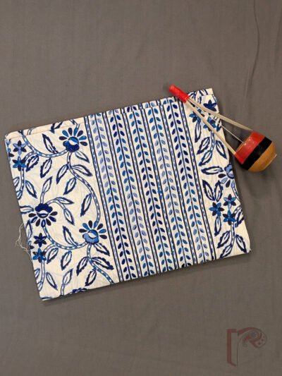 White Blue Floral Vine Vertical Panel Cotton Kurta Material with Five Petal Flowers
