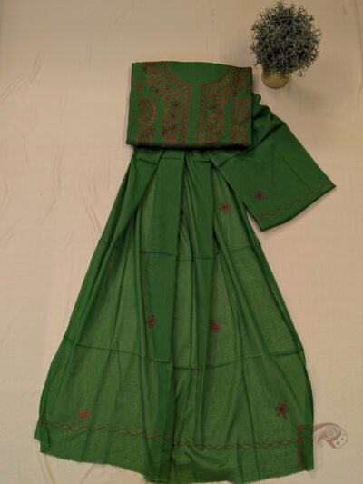 Suit stories - Green Cotton Kantha Unstitched Suit Set with Red Thread Floral Embroidery