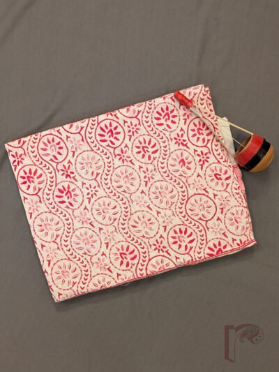 Off White Pink Wavy Floral Circle Hand Embroidery Cotton Kurta Material