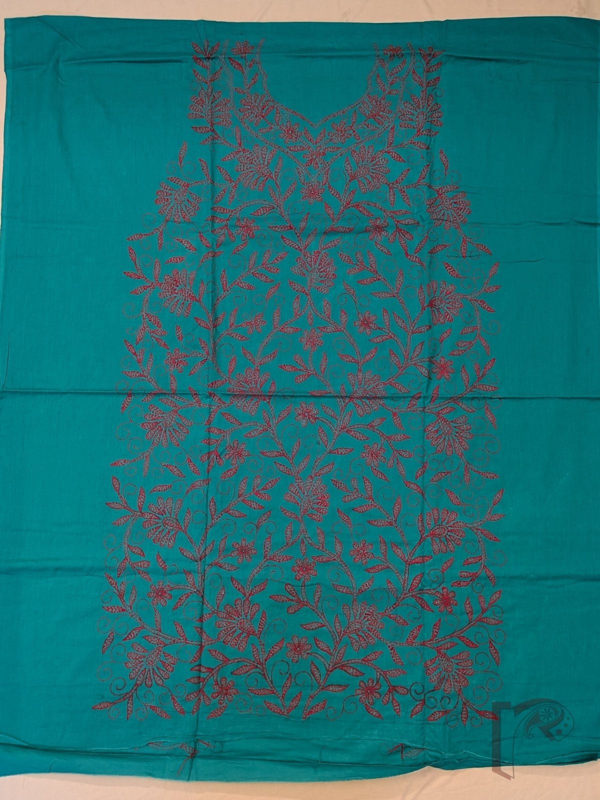 Suit stories - Bright Teal Green Cotton Kantha Unstitched Suit Set with Tomato Red Creeper Embroidery - Image 2