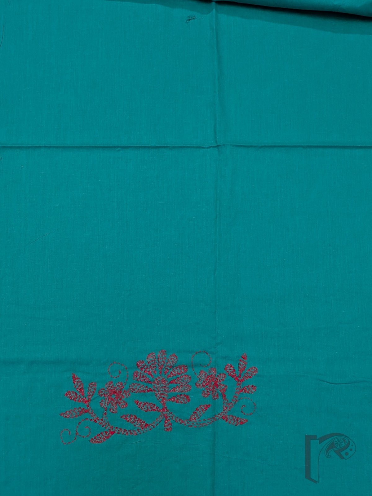 Suit stories - Bright Teal Green Cotton Kantha Unstitched Suit Set with Tomato Red Creeper Embroidery - Image 3