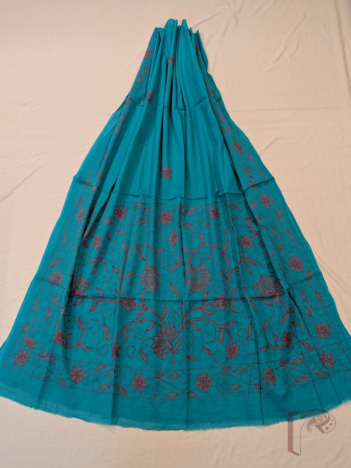 Suit stories - Bright Teal Green Cotton Kantha Unstitched Suit Set with Tomato Red Creeper Embroidery - Image 4