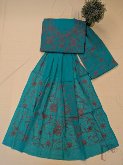 Suit stories - Bright Teal Green Cotton Kantha Unstitched Suit Set with Tomato Red Creeper Embroidery