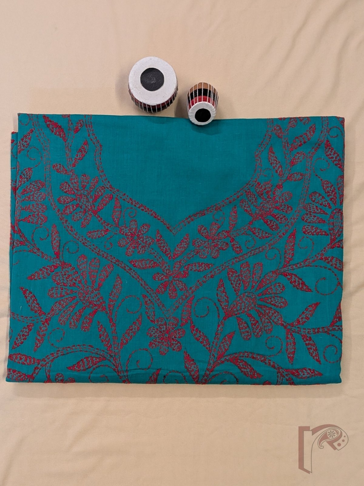 Suit stories - Bright Teal Green Cotton Kantha Unstitched Suit Set with Tomato Red Creeper Embroidery - Image 5