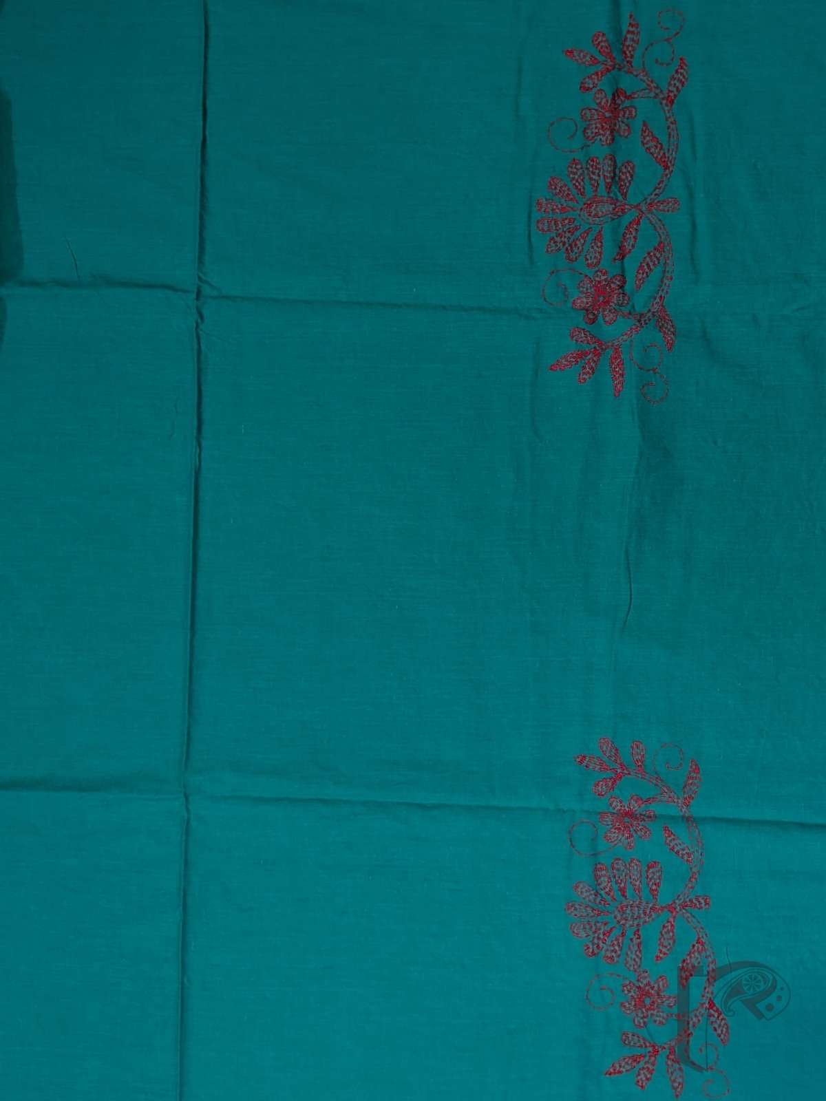 Suit stories - Bright Teal Green Cotton Kantha Unstitched Suit Set with Tomato Red Creeper Embroidery - Image 6