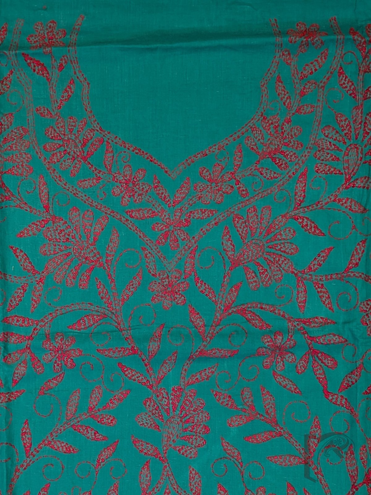 Suit stories - Bright Teal Green Cotton Kantha Unstitched Suit Set with Tomato Red Creeper Embroidery - Image 7