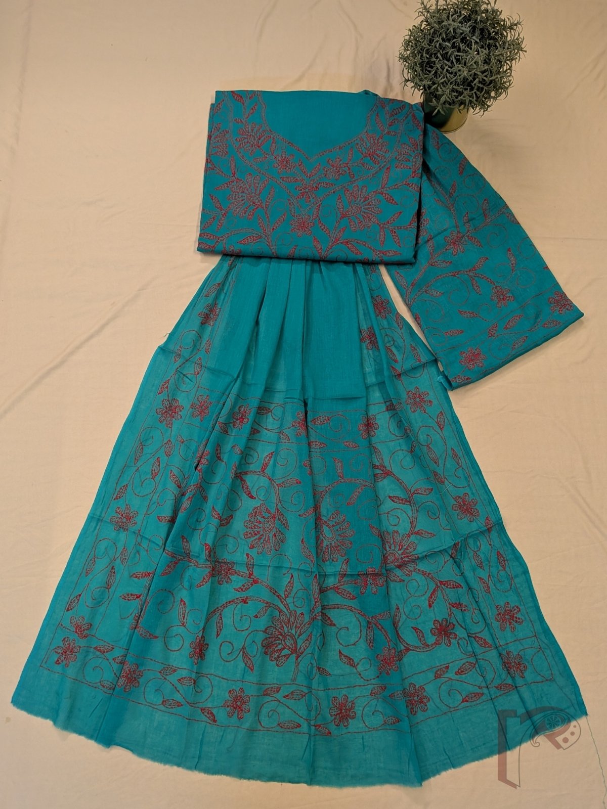 Suit stories - Bright Teal Green Cotton Kantha Unstitched Suit Set with Tomato Red Creeper Embroidery