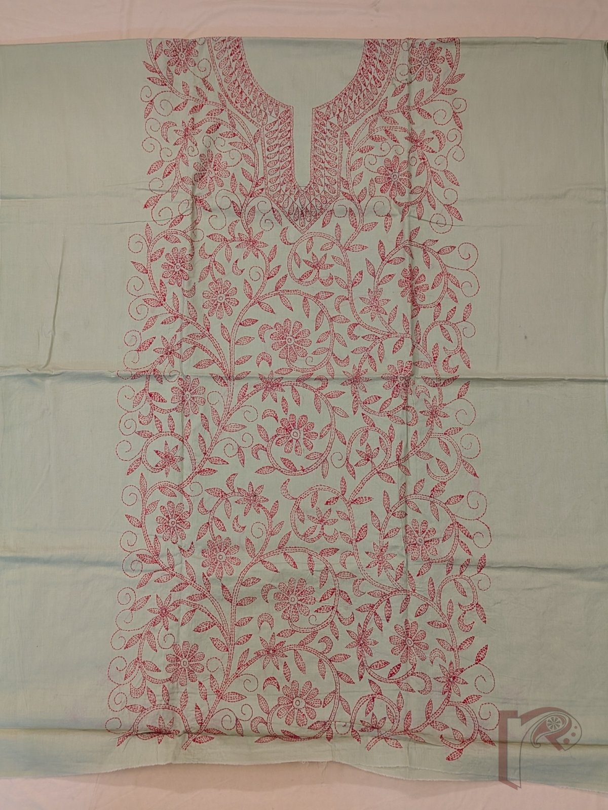 Suit stories - Pastel Pista Green Cotton Kantha Unstitched Suit Set with Tomato Red Creeper Embroidery - Image 2