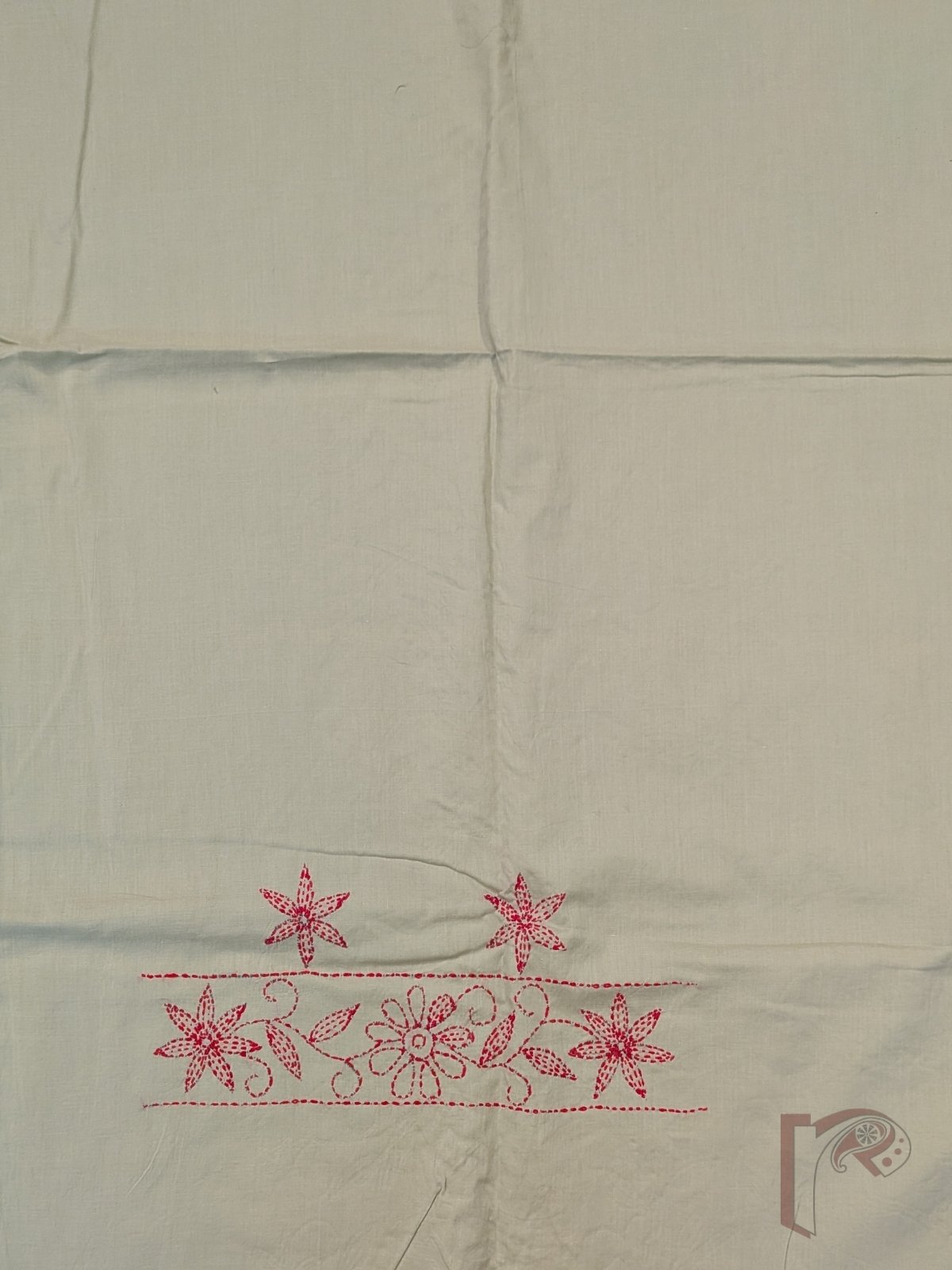 Suit stories - Pastel Pista Green Cotton Kantha Unstitched Suit Set with Tomato Red Creeper Embroidery - Image 3