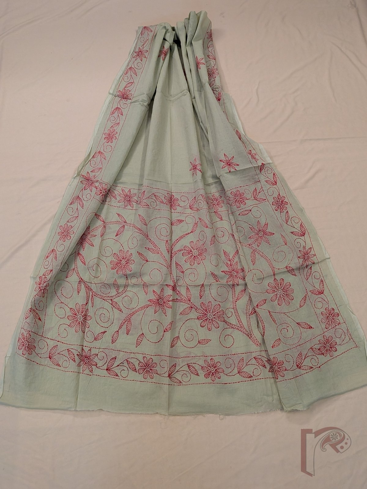 Suit stories - Pastel Pista Green Cotton Kantha Unstitched Suit Set with Tomato Red Creeper Embroidery - Image 4