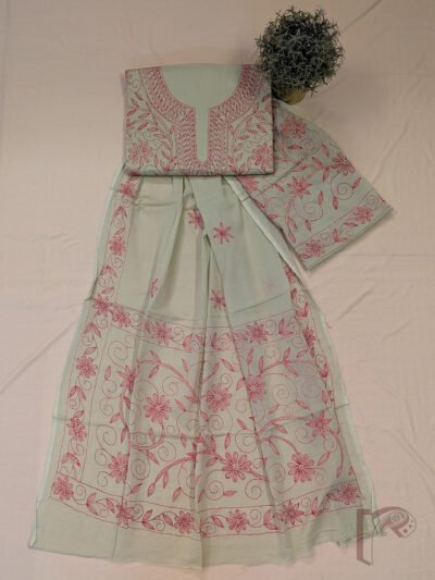 Suit stories - Pastel Pista Green Cotton Kantha Unstitched Suit Set with Tomato Red Creeper Embroidery