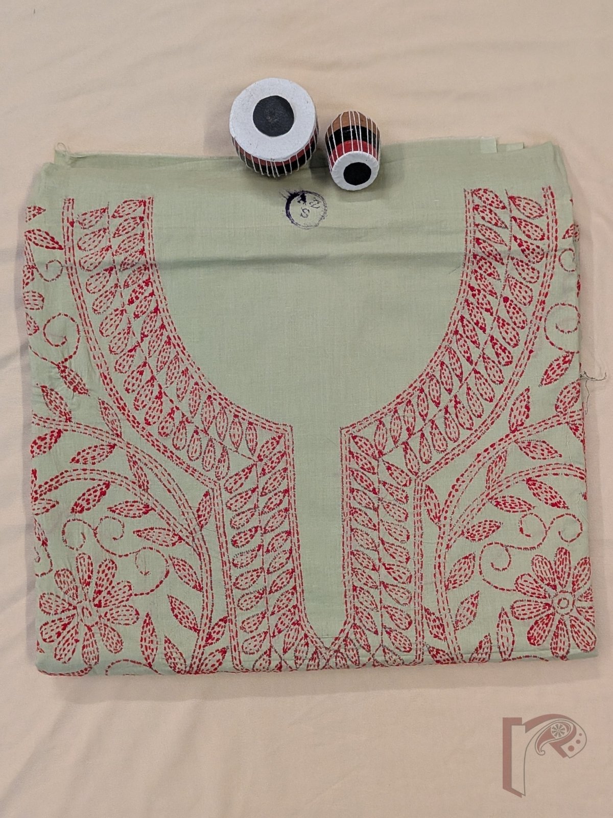 Suit stories - Pastel Pista Green Cotton Kantha Unstitched Suit Set with Tomato Red Creeper Embroidery - Image 5