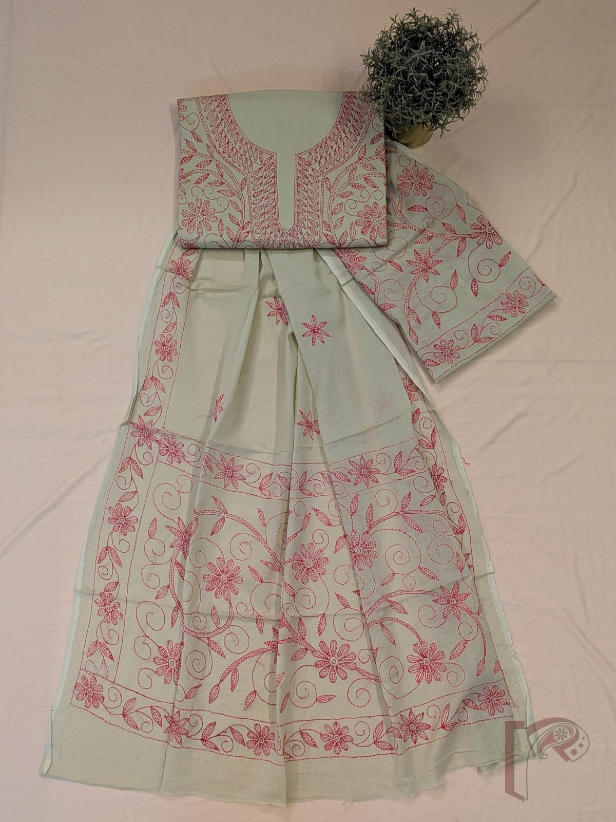 Suit stories - Pastel Pista Green Cotton Kantha Unstitched Suit Set with Tomato Red Creeper Embroidery