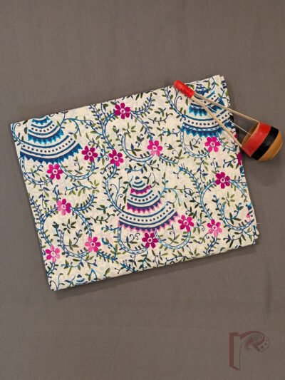 Off White Blue Pagoda Jaal Hand Block Printed Cotton Kurta Material with Pink Floral Embroidery