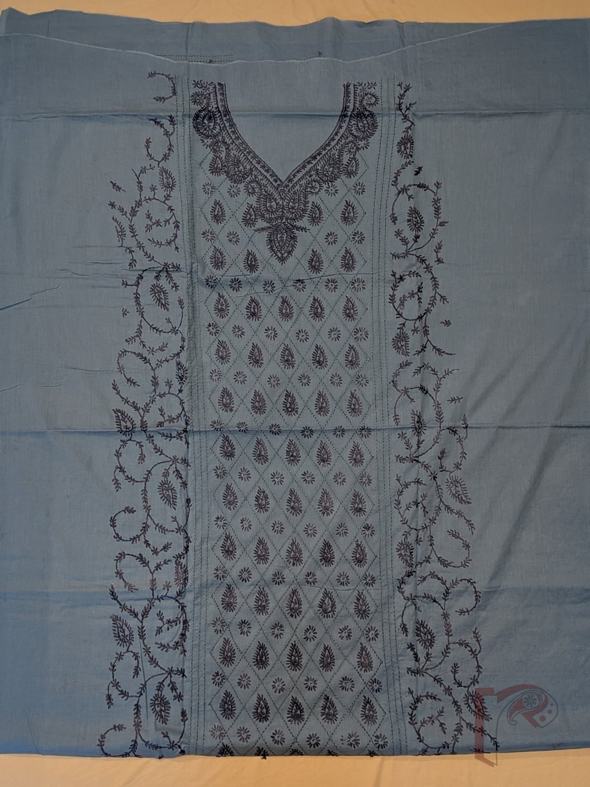 Suit stories - Slate Blue Flex Cotton Suit Material with Grey Jal Work - Image 2