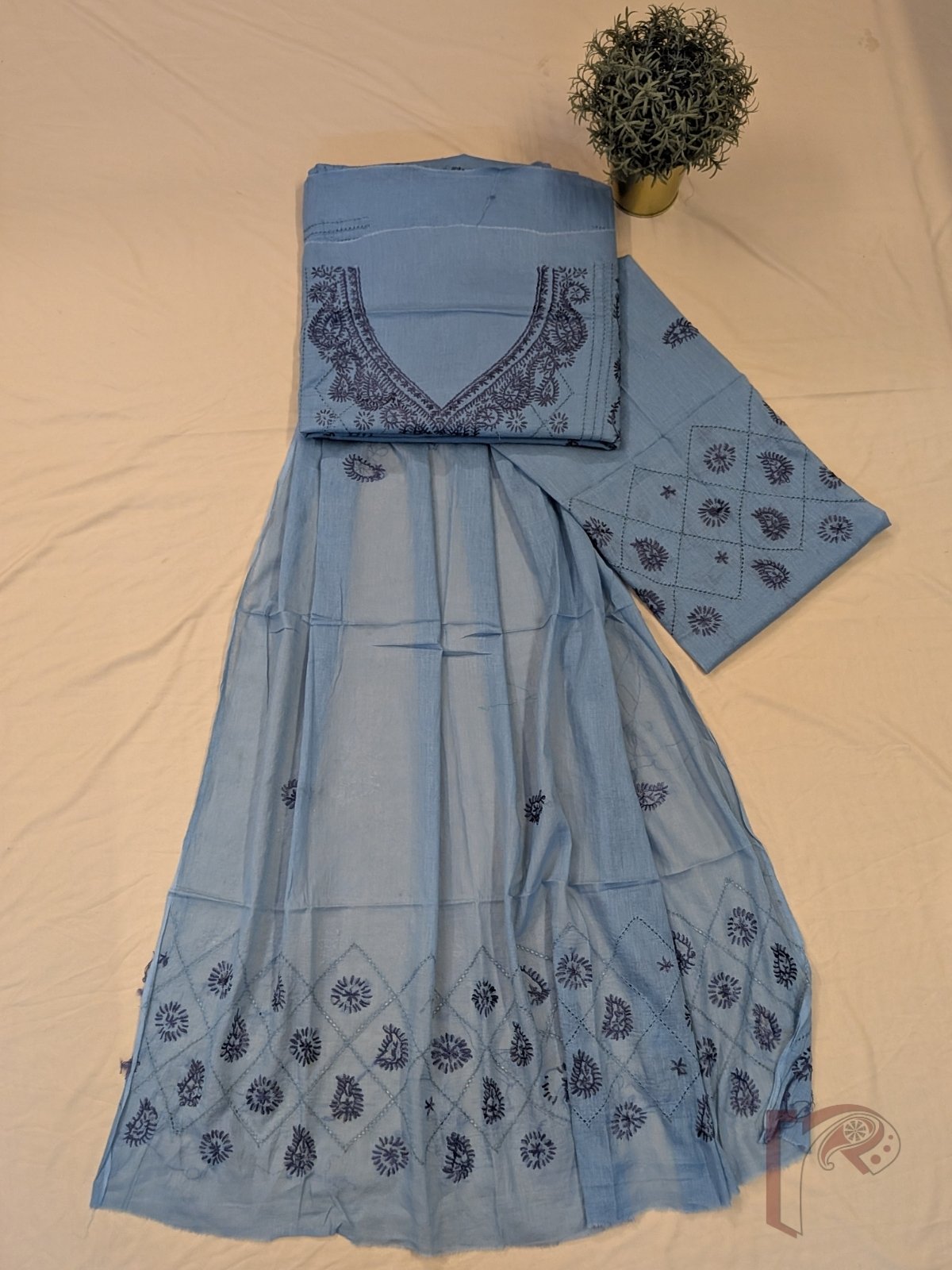 Suit stories - Slate Blue Flex Cotton Suit Material with Grey Jal Work