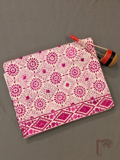 Off White Pink Magenta Diamond Jaal Floral Hand Embroidery Cotton Kurta Material with Geometric Line Pattern