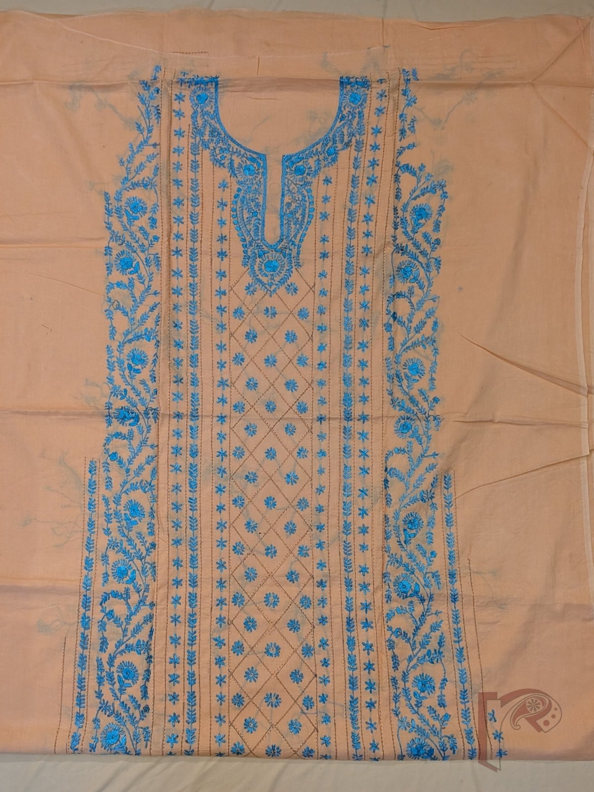 Suit stories - Pastel Peach Orange Flex Cotton Suit Material with Sky Blue Jal Work - Image 2