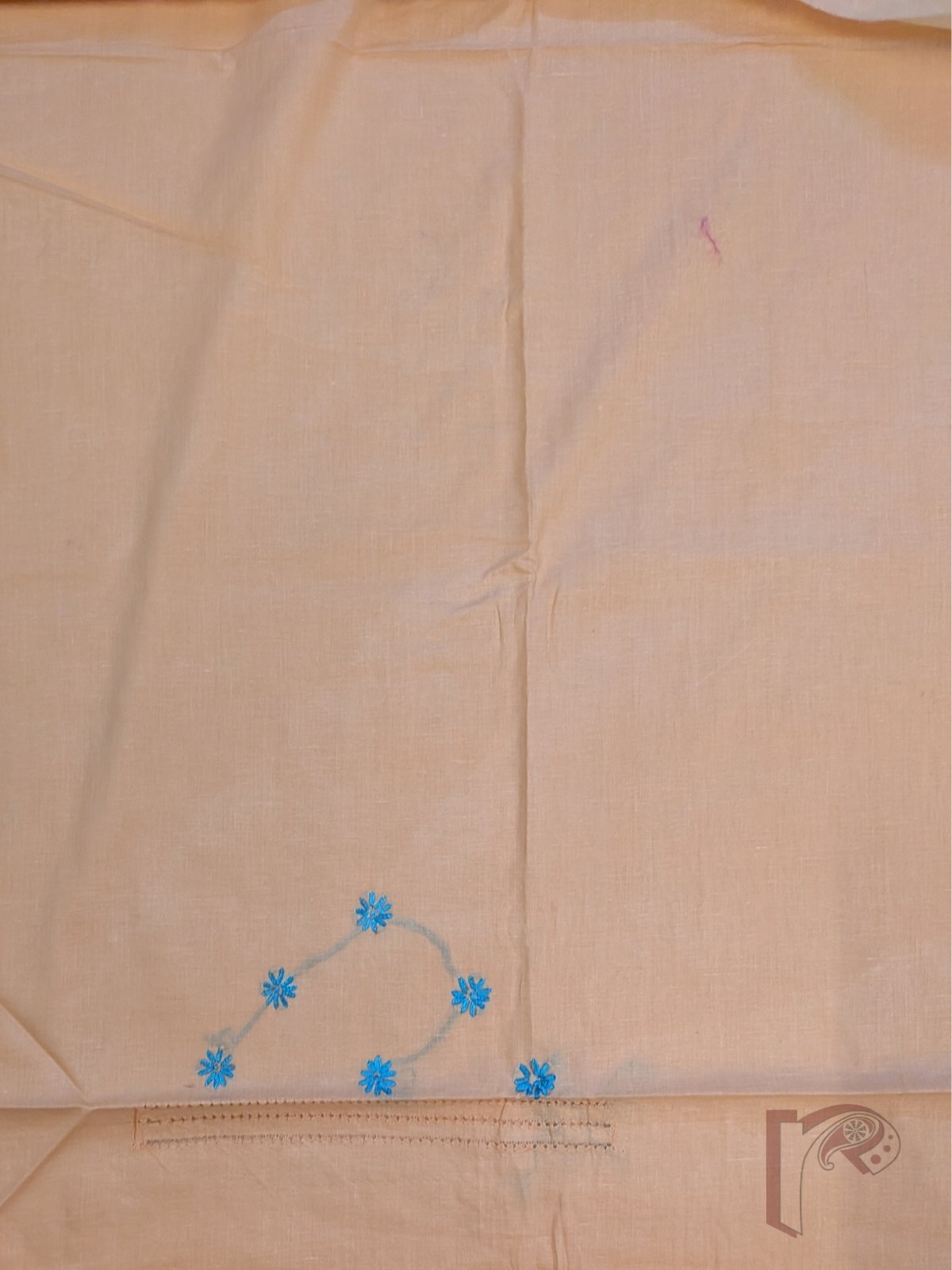 Suit stories - Pastel Peach Orange Flex Cotton Suit Material with Sky Blue Jal Work - Image 3