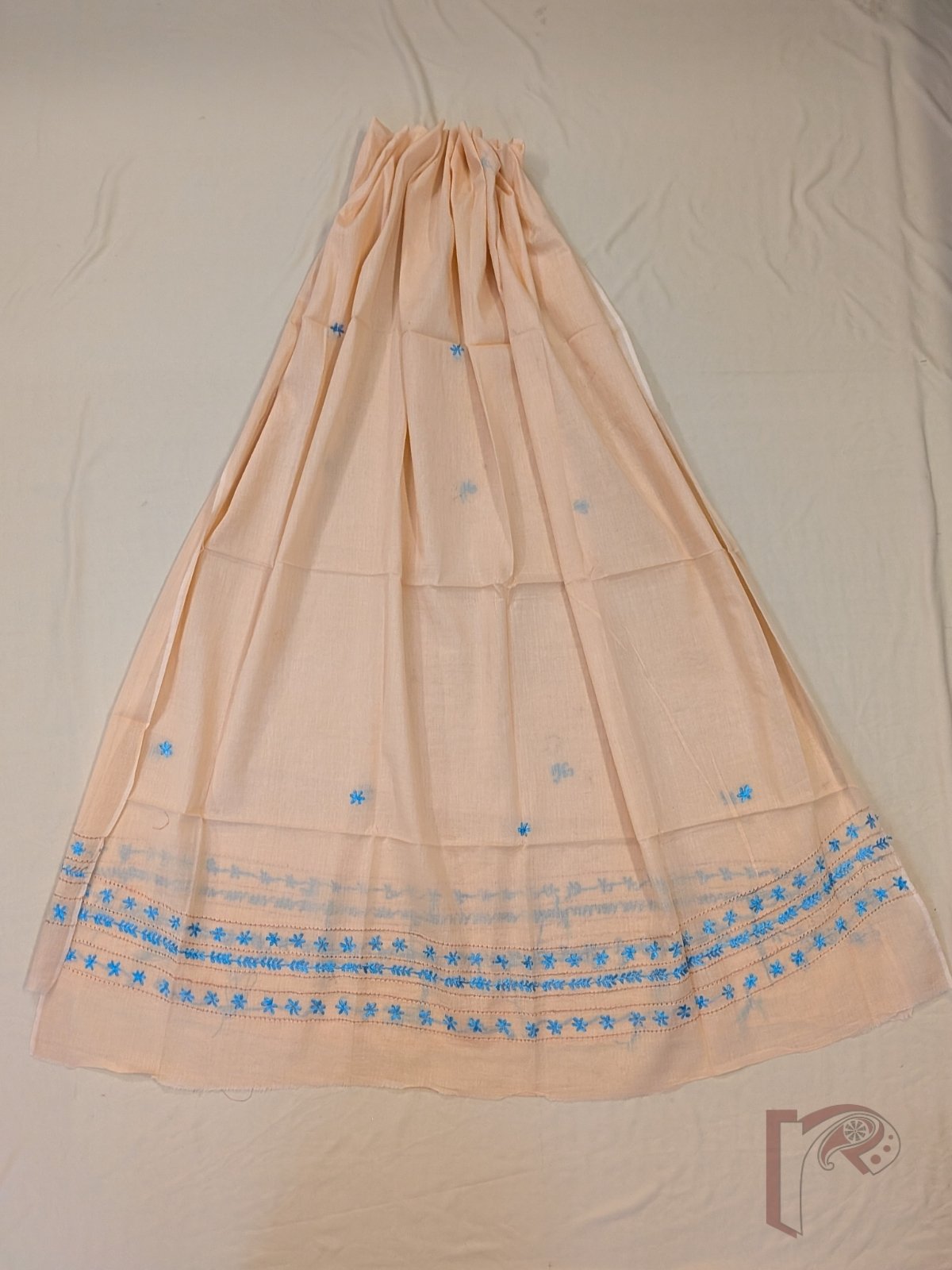 Suit stories - Pastel Peach Orange Flex Cotton Suit Material with Sky Blue Jal Work - Image 4