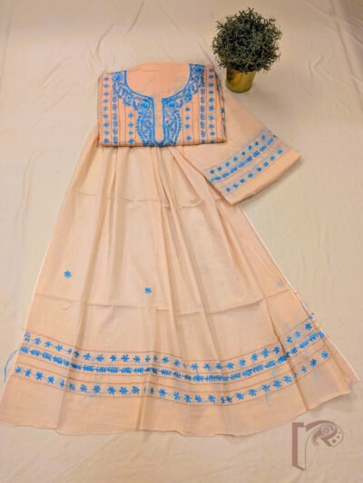 Suit stories - Pastel Peach Orange Flex Cotton Suit Material with Sky Blue Jal Work