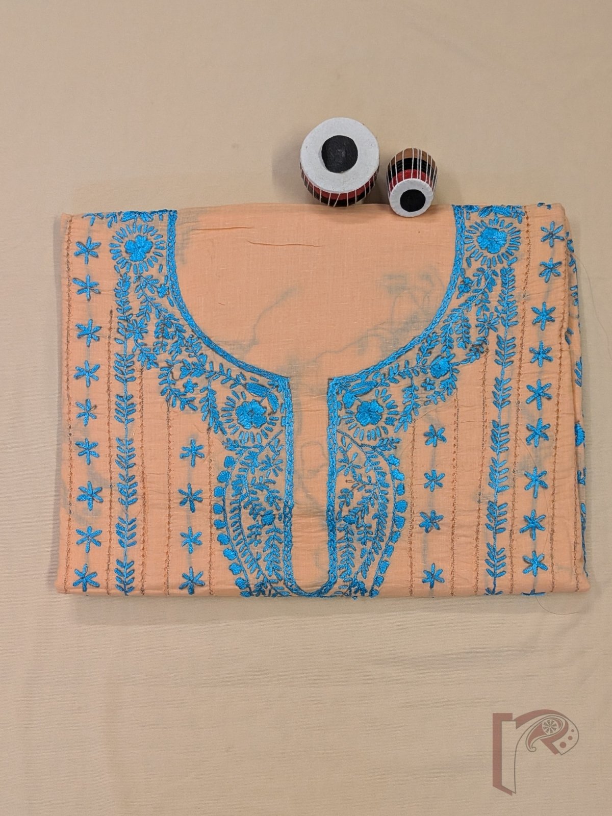 Suit stories - Pastel Peach Orange Flex Cotton Suit Material with Sky Blue Jal Work - Image 5
