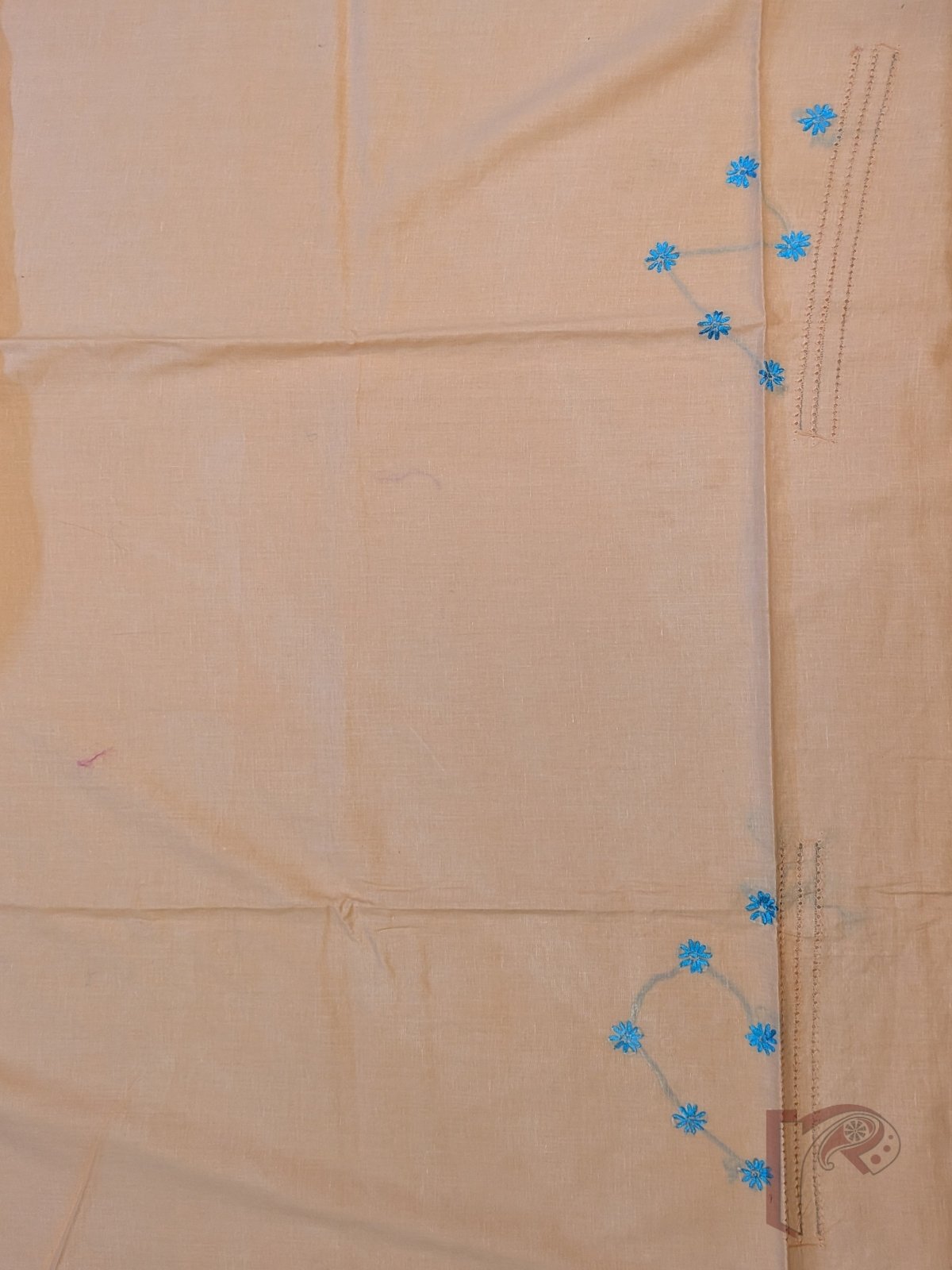 Suit stories - Pastel Peach Orange Flex Cotton Suit Material with Sky Blue Jal Work - Image 6
