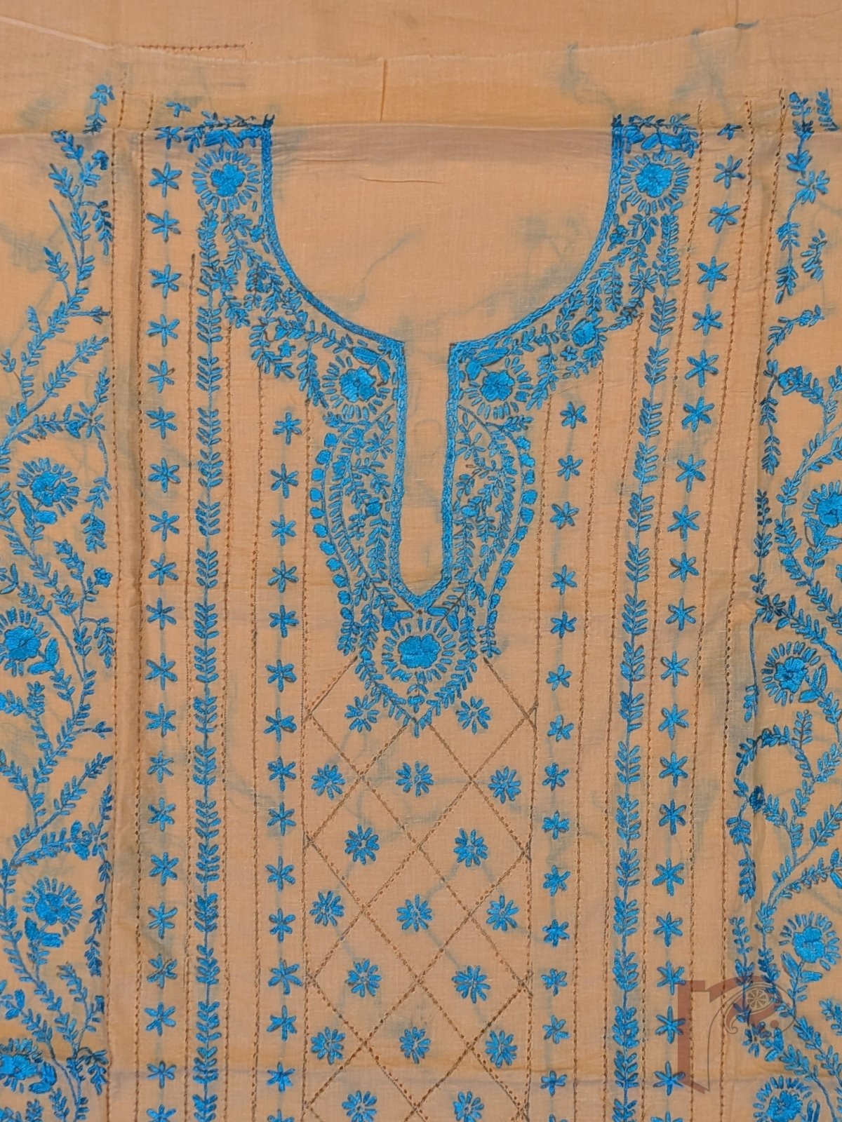 Suit stories - Pastel Peach Orange Flex Cotton Suit Material with Sky Blue Jal Work - Image 7