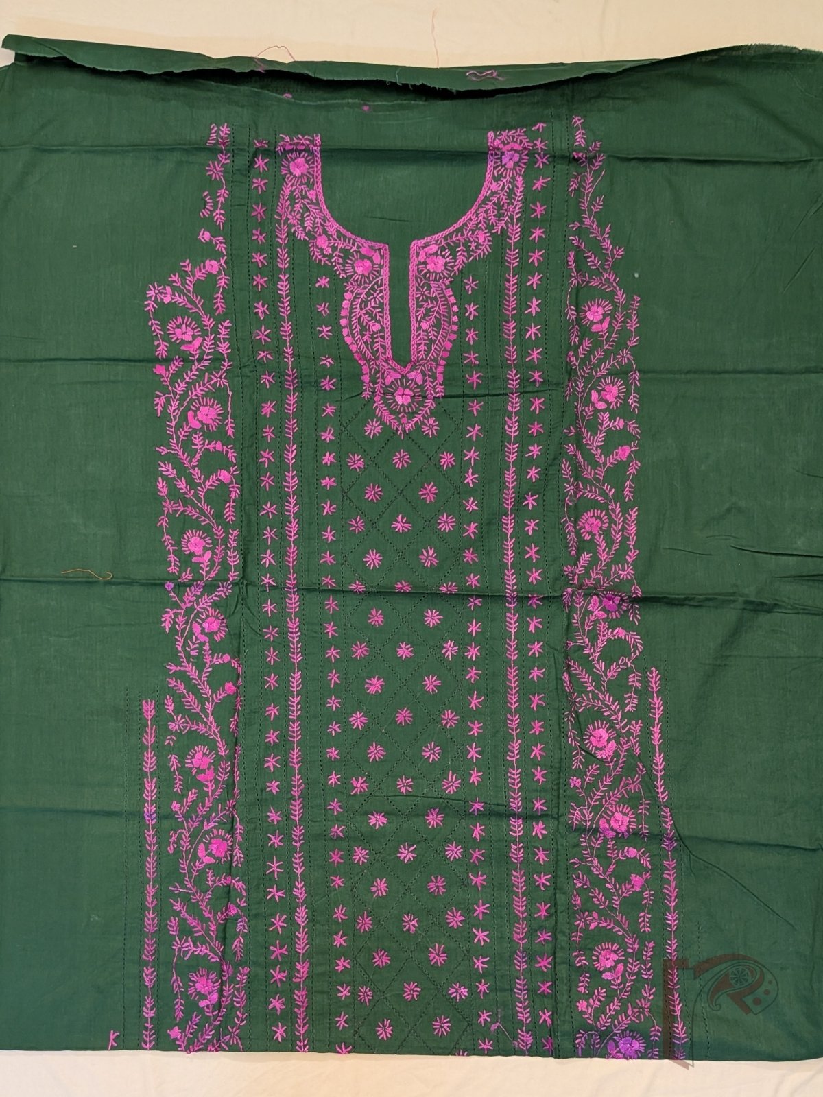 Suit stories - Dark Olive Green Flex Cotton Suit Material with Bright Pink Jal Work - Image 2