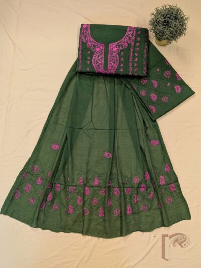 Suit stories - Dark Olive Green Flex Cotton Suit Material with Bright Pink Jal Work