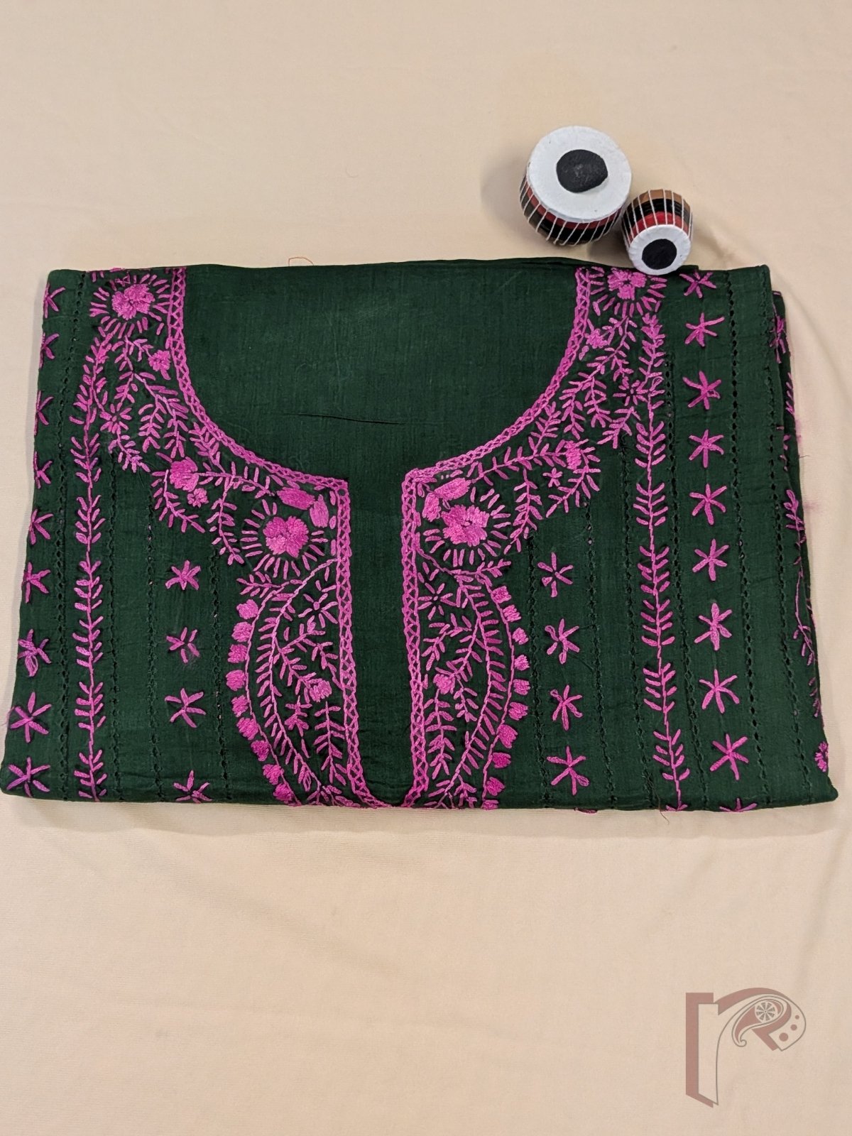 Suit stories - Dark Olive Green Flex Cotton Suit Material with Bright Pink Jal Work - Image 5