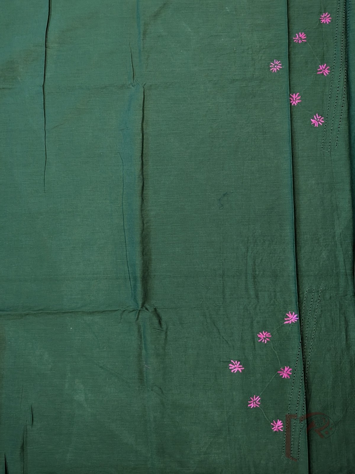 Suit stories - Dark Olive Green Flex Cotton Suit Material with Bright Pink Jal Work - Image 6