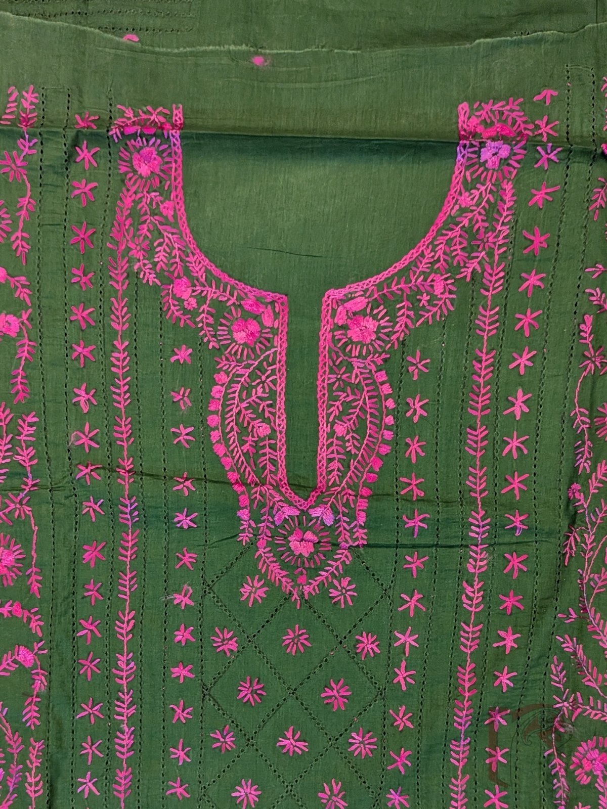 Suit stories - Dark Olive Green Flex Cotton Suit Material with Bright Pink Jal Work - Image 7