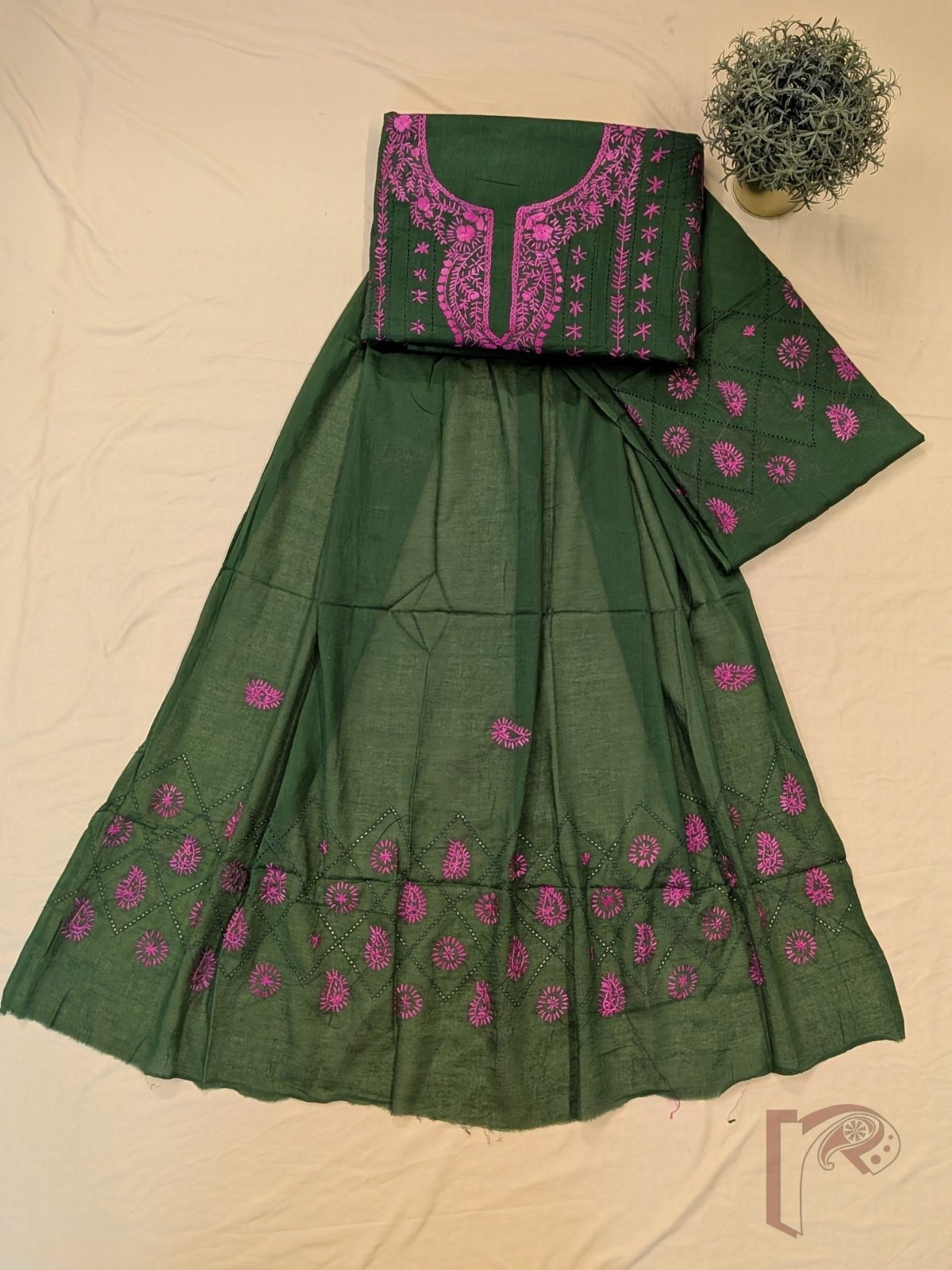 Suit stories - Dark Olive Green Flex Cotton Suit Material with Bright Pink Jal Work