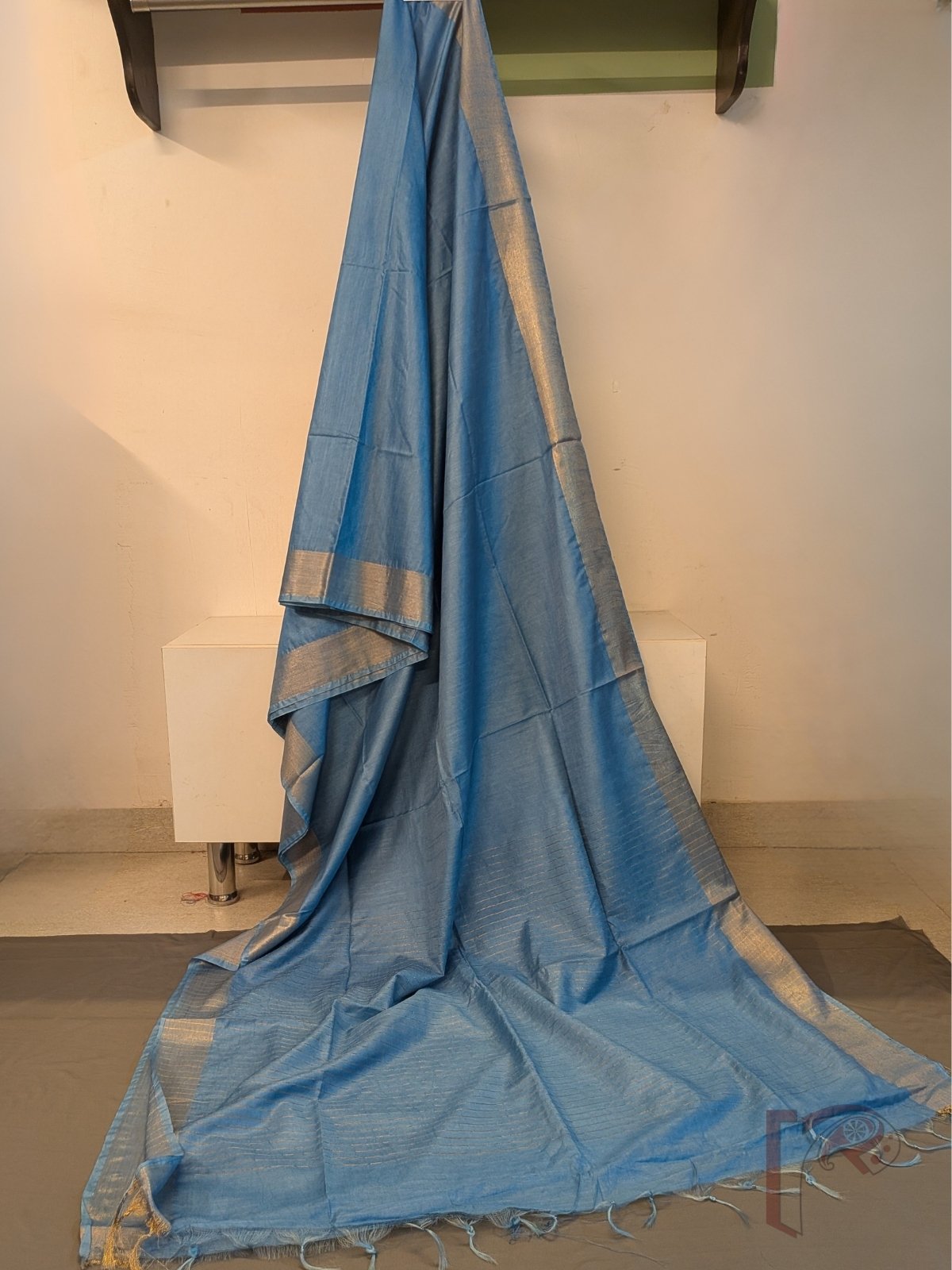 Katan Charm: Sky Blue Katan Silk Plain Saree with 3-Inch Gold Zari Border and Elegant Gold Line Pallu - Image 2