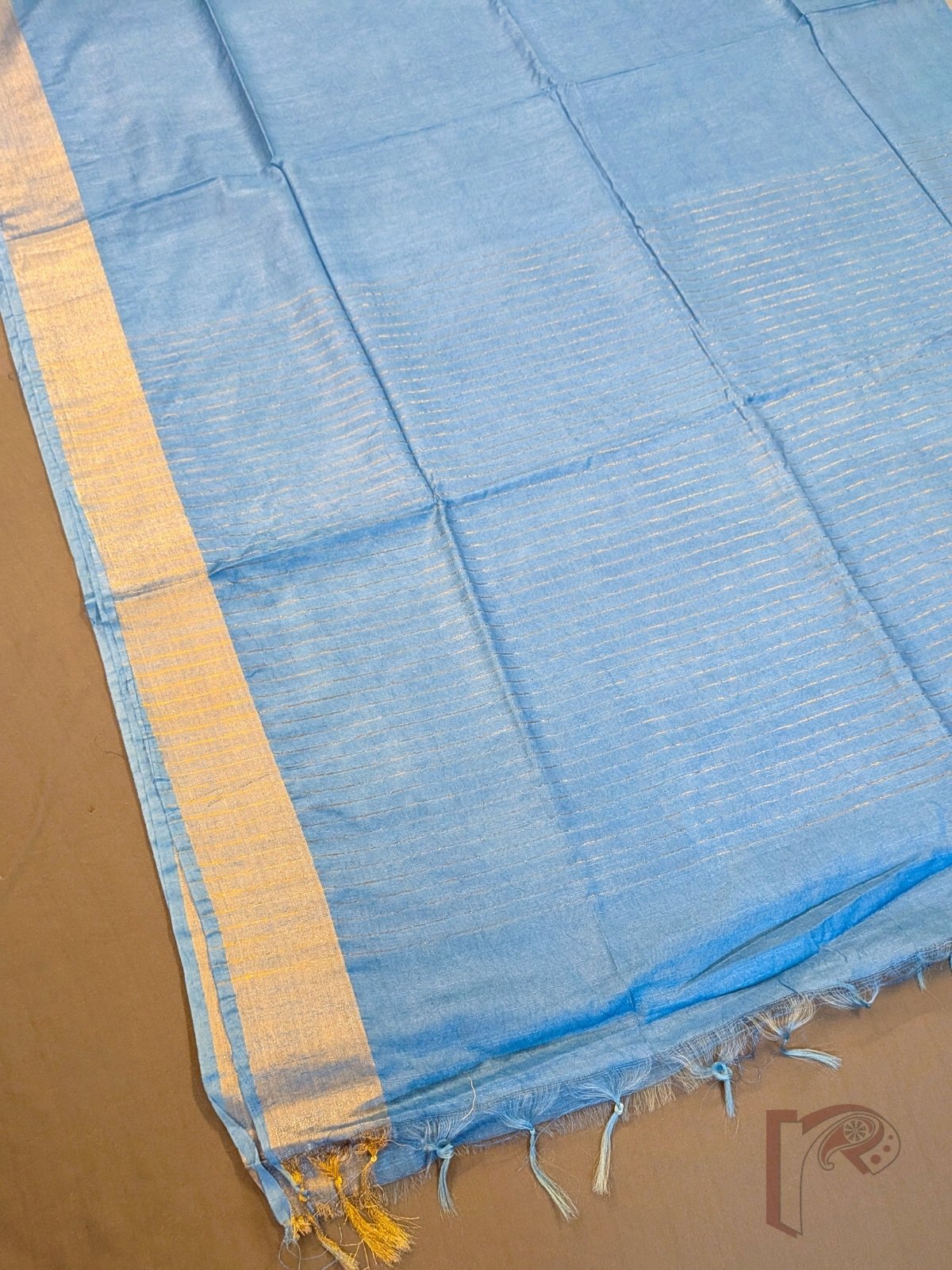 Katan Charm: Sky Blue Katan Silk Plain Saree with 3-Inch Gold Zari Border and Elegant Gold Line Pallu - Image 3