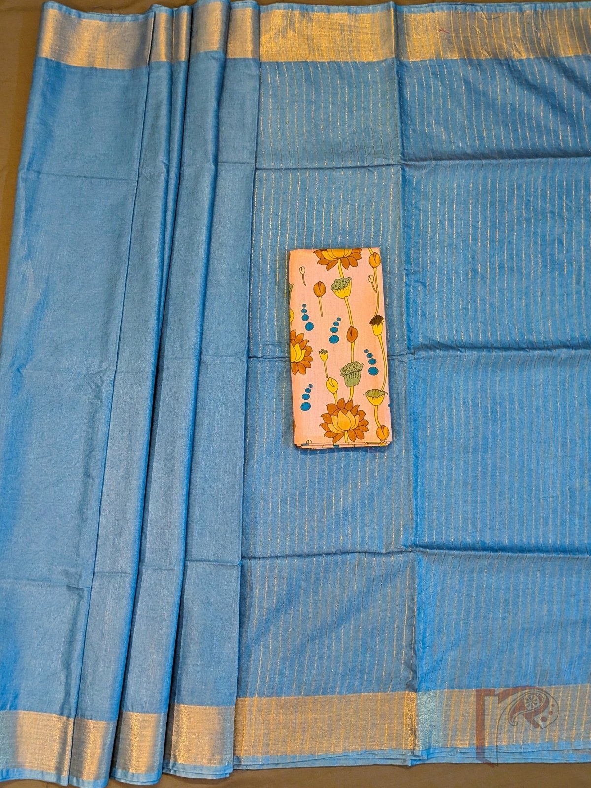 Katan Charm: Sky Blue Katan Silk Plain Saree with 3-Inch Gold Zari Border and Elegant Gold Line Pallu - Image 4