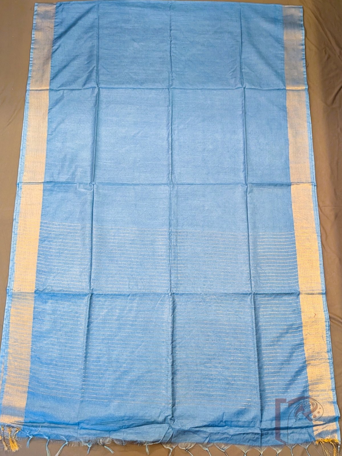 Katan Charm: Sky Blue Katan Silk Plain Saree with 3-Inch Gold Zari Border and Elegant Gold Line Pallu - Image 5