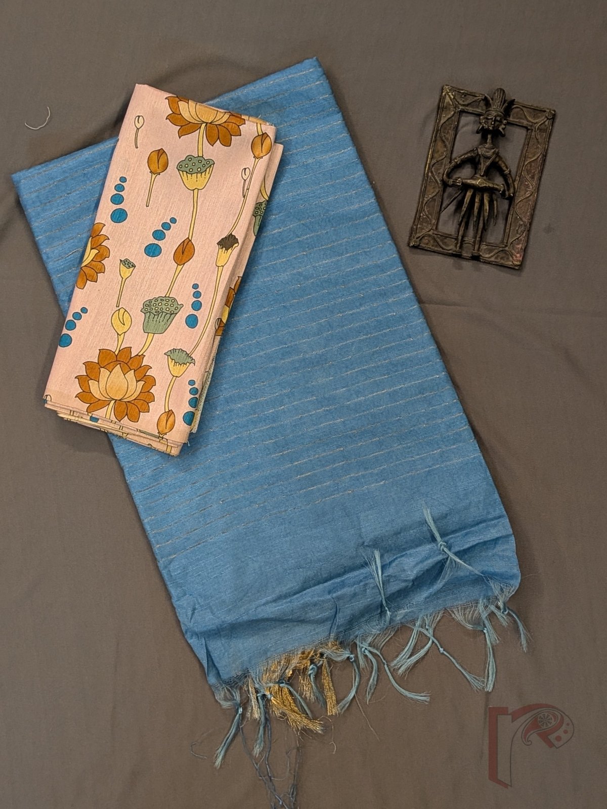 Katan Charm: Sky Blue Katan Silk Plain Saree with 3-Inch Gold Zari Border and Elegant Gold Line Pallu - Image 7