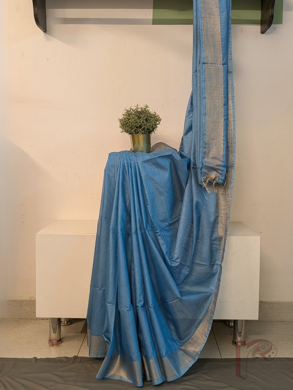 Katan Charm: Sky Blue Katan Silk Plain Saree with 3-Inch Gold Zari Border and Elegant Gold Line Pallu